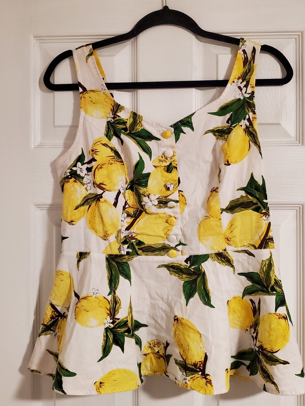Sleeveless Lemon-Print Peplum Top - White/Yellow